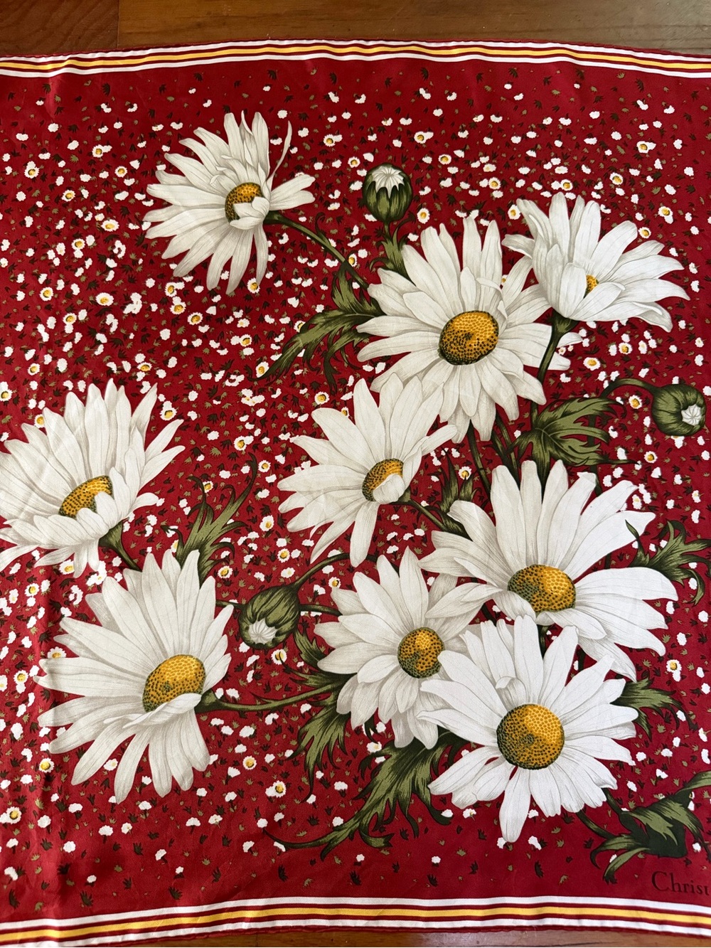 Christian Dior Floral Daisy Red Silk Scarf with White Daisies.